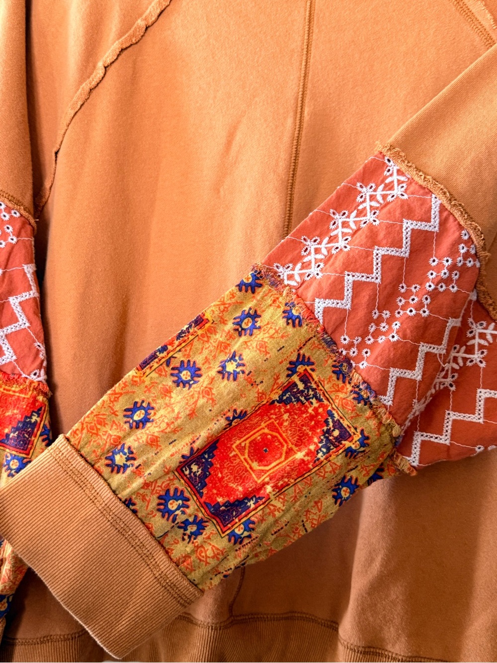 THREE BIRD NEST Burnt Orange Sweatshirt with Patterned Sleeve Panels boho Gypsy - Picture 3 of 6